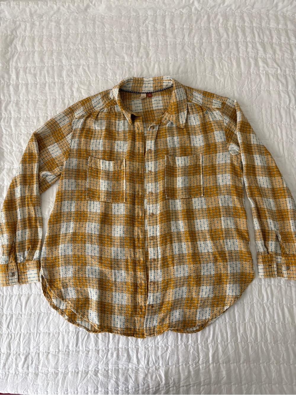 Pilcro Mustard and White Plaid Button-Down Shirt